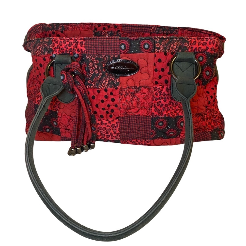 DONNA SHARP Quilted Patchwork Print Saddle/Shoulder Bag Purse in Black and Red - Picture 3 of 6